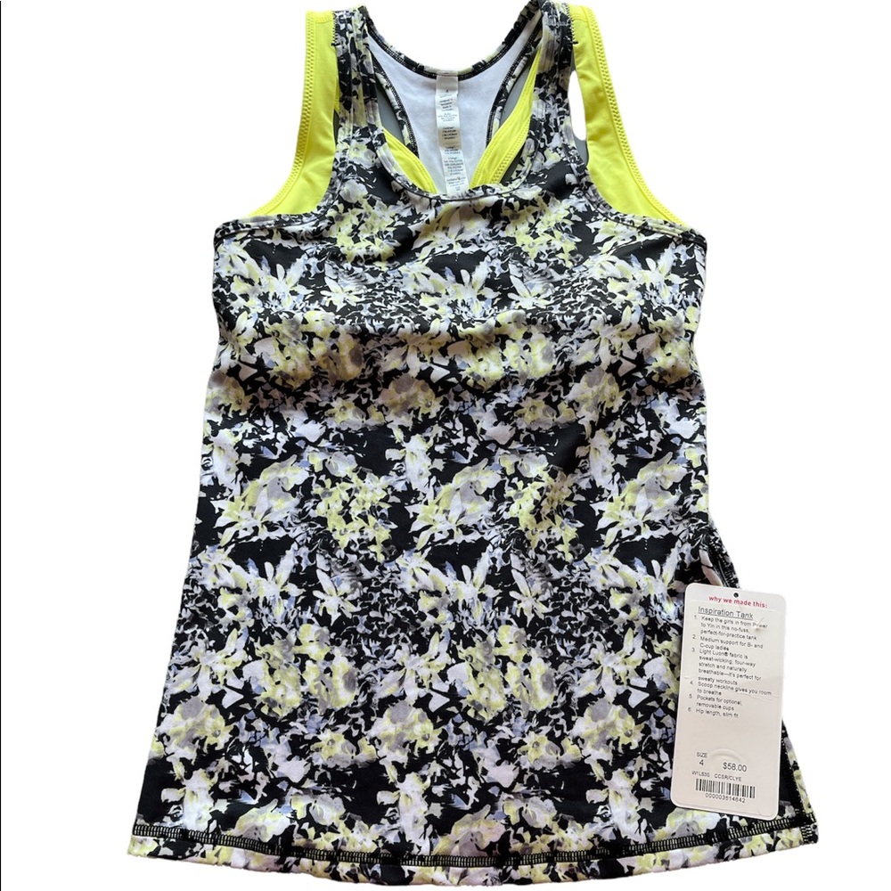 NEW Lululemon Inspiration Tank Size 4 Gray Black Yellow Floral Built in Bra - Picture 2 of 6